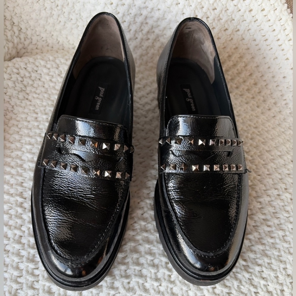 Paul Green Black Patent Studded Loafers Lug Sole Comfort Shoe Size 7